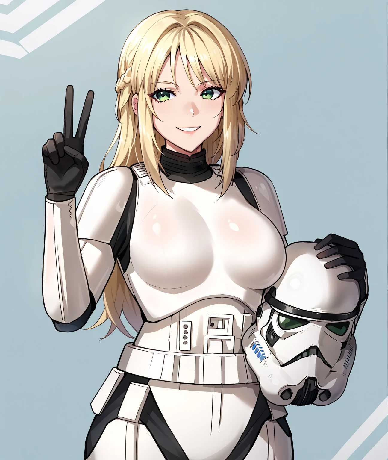 ((Highest quality)), ((masterpiece)), (detailed), (Perfect Face)、The woman is Tiare, with green eyes, medium-long blonde hair, and is wearing a Stormtrooper bodysuit and a full-face helmet.