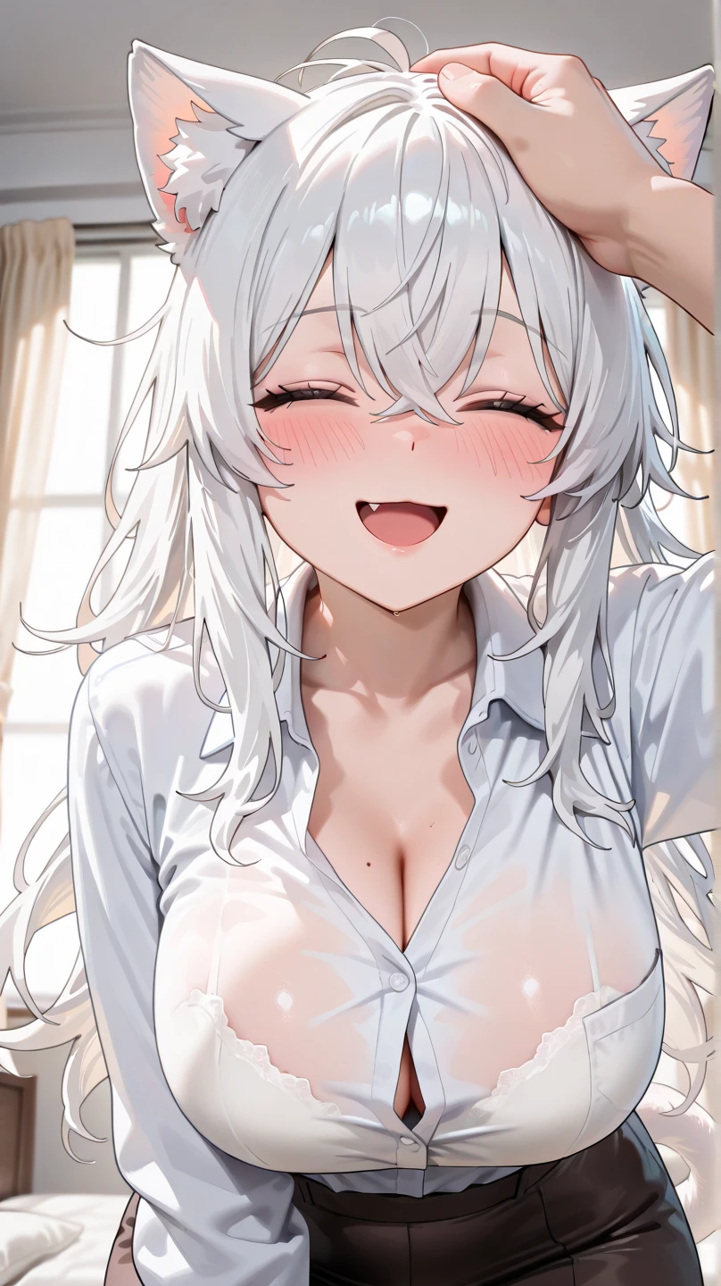  with a loose shirt showing her small breasts, sideboob, Ahegao face 