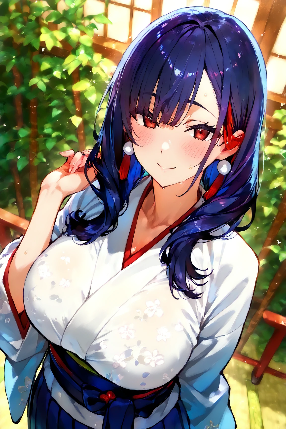 ((tmasterpiece, 4k wallpaper, best qualtiy))Ganidev,  Be red in the face, (((Festival Background))), Midnight , short detailed hair, Blind Hair, light particules, Purple Theme, Busty body, ((Large breasts)), Brilliant, ((Simple kimono in purple)), ((((Cheerful face)))), ((From  above)), (((((upper breasts))))), (((cleavage))), (((((Solo))))), ((Face forward))