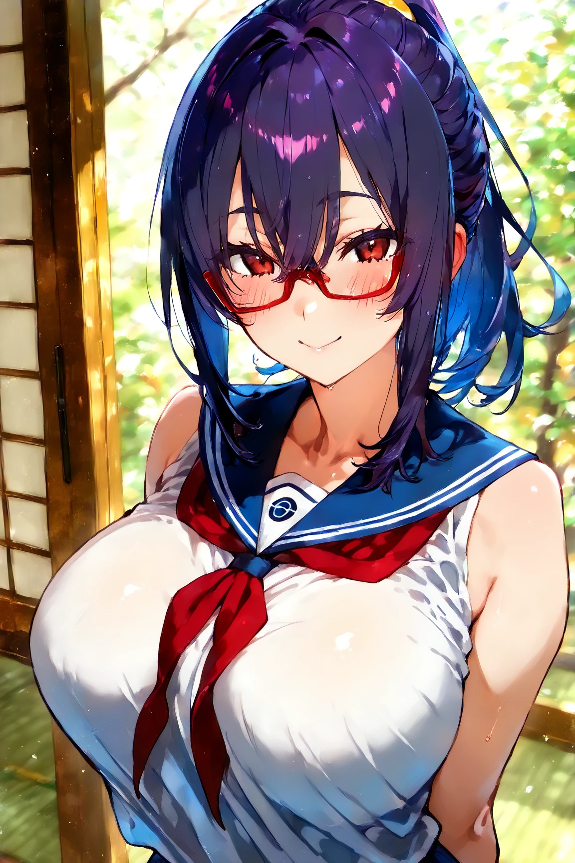 (masterpiece:1.4), (Highest quality:1.3), (high resolution:1.2), Perfect Anatomy, Well-formed face,Accurate depiction,Precise depiction,Beautiful depiction,(Rui々Shishi Body:1.1), (Healthy Body:1.1),(Shiny Hair:1.2), Well-formed face, Glassesをかけた, Glasses, Face, Lewd smile, Large Breasts,Big Breasts, Big Tits, Shaking breasts, Bouncing Breasts, 激しくShaking breasts, 激しくBouncing Breasts, Tight waist,Well-balanced body, Flexible fingers, Composition from the front, Clothes stuck with sweat, Erect nipples covered by clothes, cleavge, breasts slip, Open chest, Japanese clothes with wide open chest, Nipples visible from the chest, nipple slip from kimono, extended downbloues, Oiran, 着崩したkimono,胸元を開いたkimono, kimono, meiji school girl uniform, hakama skirt, Hakama skirt, Long skirt, Thighs covered by a skirt, long sleeve, wide sleeve, Lace-up boots, (leaning forward:1.3), slouch, hanging breasts, standing, doggy style,Provocative attitude, spread legs, looking at viewer, Daytime, Bright sunshine, Outdoor, shrine, torii, Cobblestone Street, nsfw, 