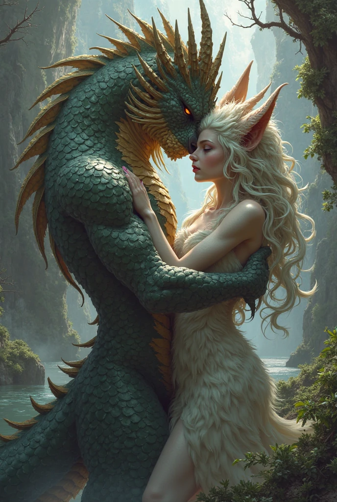 Create a image of White snake tale girl love scorpion men 