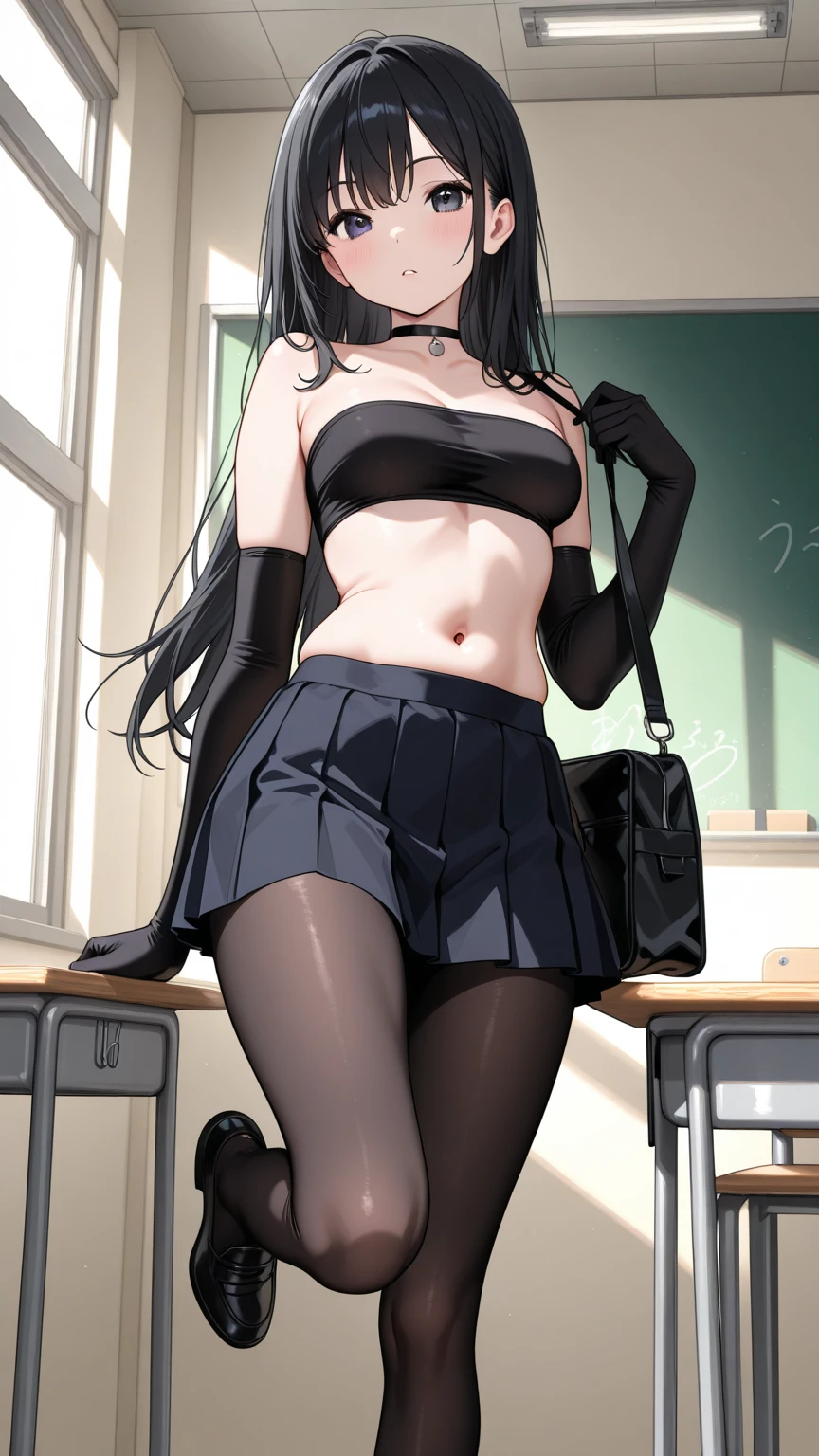 komiShouko, masterpiece, best quality, absurdres, 1girl, looking at viewer, v arms, pantyhose, classroom, , Lingerie, underwear, window, sitting, chair, crowd

