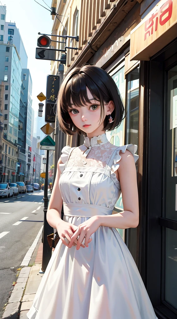bride: The sparkling ring on the ring finger incorporates elements of medieval European fashion, emphasizing cuteness and adoration. The cuteness of the figure in the foreground is irresistible. The illustration is irresistible. The background of the building and cityscape is extremely detailed., rich, Contemporary interpretations of medieval Europe and fantasy worlds Realistic textures, Professional Artistic Shadows and Lighting, Scene-like photography and effects, Theme Depth A Beautiful Girl, Super cute, Bob Cut, Side Ponytail, Perfect Anatomy Color: cake, White, Mauve, blue, Gingham material: chiffon, Lace, satin, Velvet, ETC. contour: Fluffy Skirt, A 线, Long decoration: Ruffles, Ribbon, Lace, pearl, embroidery ETC. Coordinates Romantic Princess: cake dress, Lace blouse, Fluffy Skirt, Ribbon Hair Accessories, Black leggings add accessories and accessories to personalize.