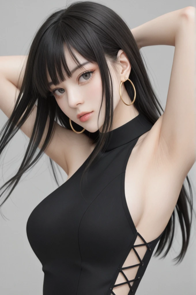 ultra high res, masterpiece, best quality, perfect glossy shiny skins, perfect lighting, detailed lighting, dramatic shadows, ray tracing, black sweater, looking at viewer, Big breasts, Exposed cleavage,, nsfw, ((Dark background)), Sexy face, Facial expressions when receiving pleasure, open mouse, straight Bangs,