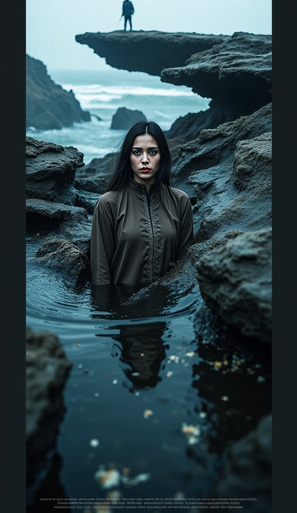 extremely detailed pale woman head in mud bog in flared jeans and collar only zipped shiny down jacket,is victim of ritual, mud bog, drowned below mud bog,  fashion photoshoot posing,gloomy orgasm, seductive posing, provocative photoshoot, loosing control, headdress,traditional indigenous makeup. red, green, blue, from afar