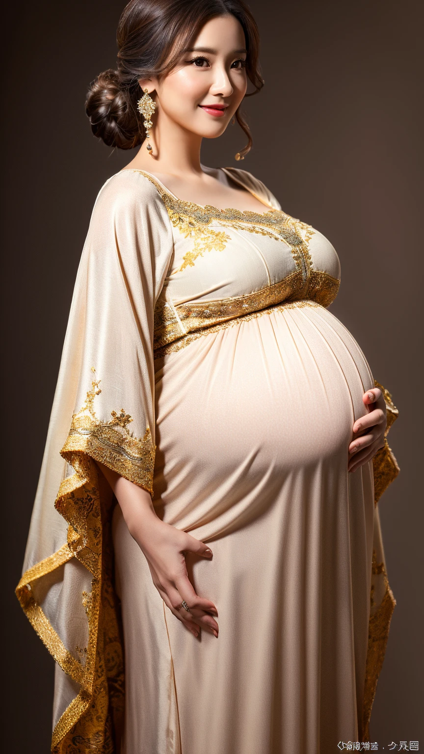 Beautiful pregnant queen, brown hair, blue eyes, ornate white dress with gold details, 