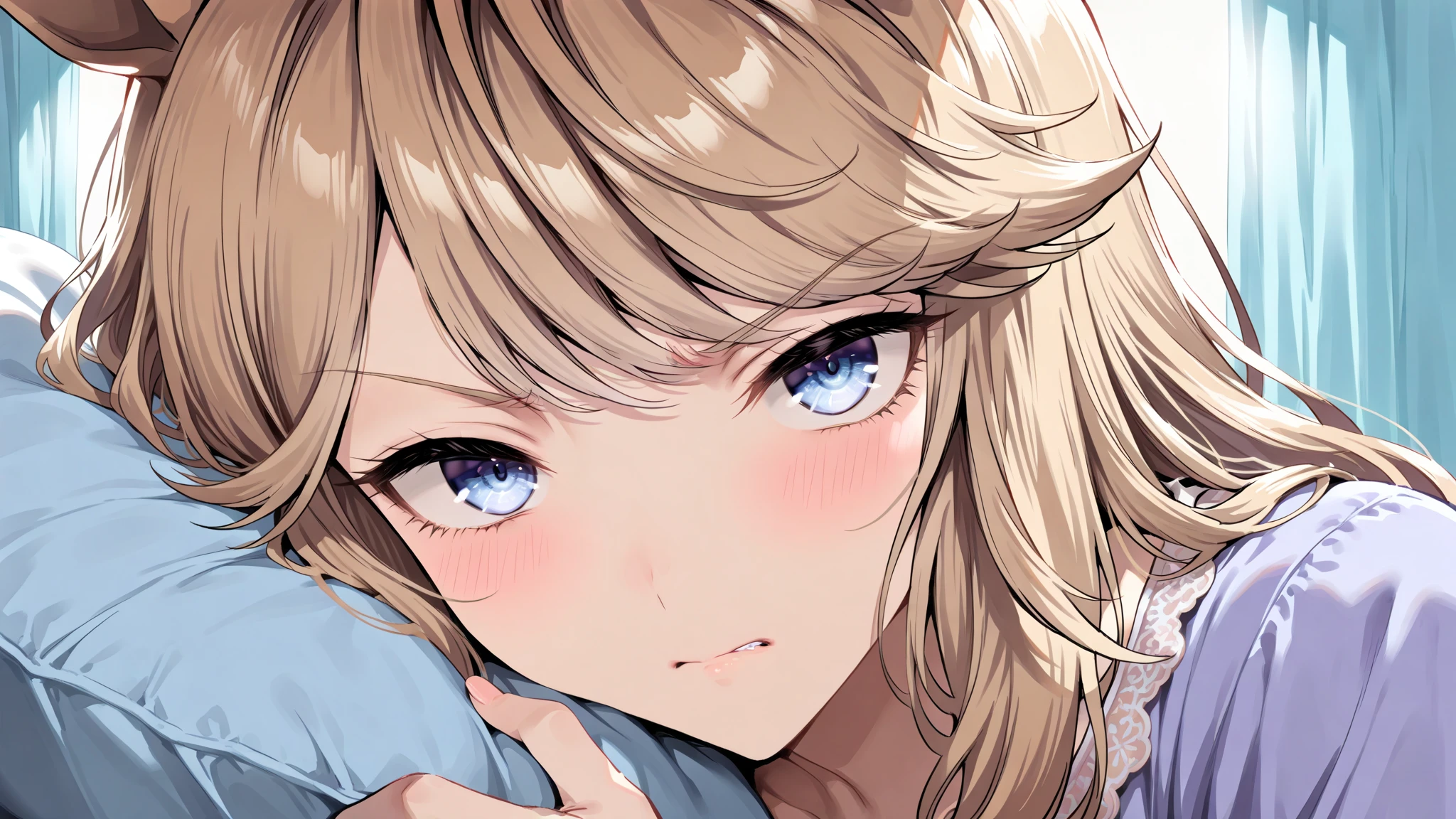 nsfw, (Perfect Anatomy)、Mastepiece、Ultra High Quality、 8k、masterpiece、Highest quality、Ultra-high resolution、Maximum resolution、Very detailed、Professional Lighting、anime、woman、thin、Very beautiful face、Very beautiful eyes、(Highly detailed eye)、Highly detailed face、Blonde, (ahoge), wavy hair, Pink eyes, blonde hair green dip-dye hair, stomach cutout, thigh boots, high heels, white mini pencil skirt, white off shoulder, makeup, eyeliner, eye shadow, pink cheek, pink lips, full body, (((Lying down on the bed))), Sobbing