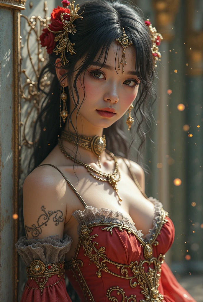 Are you okay、(Best illustrations)、8K UHD resolution、Intricate details、Highest quality、Realistic、Ultra-detailed、Best lighting、Best Shadow、Soft lighting、ultrahd、Ultra-realistic、Tyndall effect、Photorealistic、(High Definition Skins:1.2)、 (Intricate details, compensate, Pure Eros Face_v1:0.5), (Beautiful and delicate face down to the last detail, Beautiful and delicate eyes, Perfectly balanced face, Skin with attention to detail, Detailed skin, The optimal ratio is four fingers to one thumb, Arms under chest, Red glowing tattoo under the stomach、Wow wow, Wide Hips, Smooth abdomen, Skinny and skinny, __fashion__, __hair__:1.25)、Digital SLR、 Absurd、1 beautiful demon woman from hell, Surreal Female Portraits by David Hockney and Alphonse Mucha, Portrait of a seductive woman、Fantasy art, Chinese Doll、Chinese actress、Dungeons、Dragon、Devil's Palace、Devil's Torture Chamber、night、Dark Style 、In the Dark、(Detailed spooky background:0.8), magic、 1 girl、Evil Nun、Dark Necromancer、Succubus、Devil's Daughter、Umi Shinonome、Bat Wings,(((Devil horns)))、 ((((Round Glasses)))),(((Huge boobs)))、(Devil's Tail)、(Red eyes glow:1.6)、The red eye makeup is very sharp and detailed, The eyes are nicely made up, ((Red Eye:1.0)),Intricate tattoos, demonic Intricate tattoos, Thigh Tattoo, Body tattoos, masterpiece、The most beautiful face、Baby Face、Cute Smile、A seductive body with beautiful plump red lips、The devil's seductive body、demons style、Fascinating Black Magic Costume、(((A shiny red snake coils around her body.)))、The long-haired、Braid、Black hair、Ponytail Distortion、, Ponytail with a bow tied at the back of the hair, Beautiful expression、Body Up、big breasts attention、bust, Super tight chest, Breast Augmentation Surgery, Her breasts are very big and round,Tight waist、Wide ass、 Low Key, Cowboy Lens, (Red Phoenix Dress: 1.0), Devil's Crown, Red shiny gemstone necklace、Jewelry Gwise, Wearing black mesh socks,Dressed in a light red and black robe, Hands pulling the straps to expose sexy breasts, Close-up of the main character, Hmph, Hmph, Meet beautiful girls, Look at the girl's body,Emphasize large breasts、