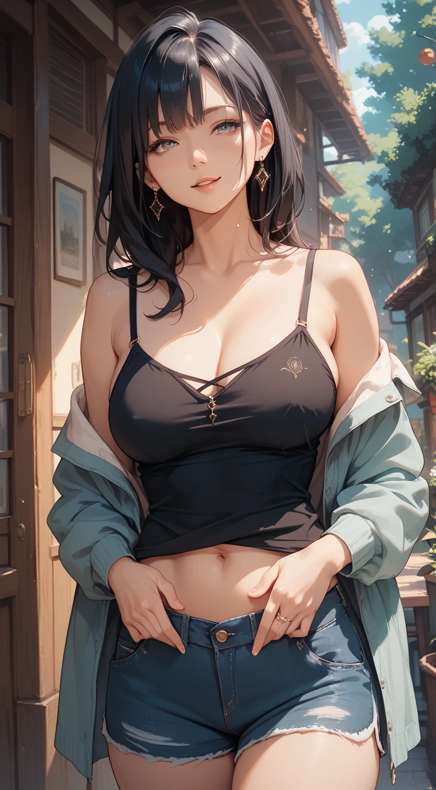 masterpiece, best quality, 1girl, solo, guilty \(nikke\), white tank top, white shorts, white Knee socks, collar, straitjacket, chain, looking at viewer, parted lips, standing, hands behind back, (huge breasts:1.1), green eyes, fluffy brown hair, Medium-length hair,