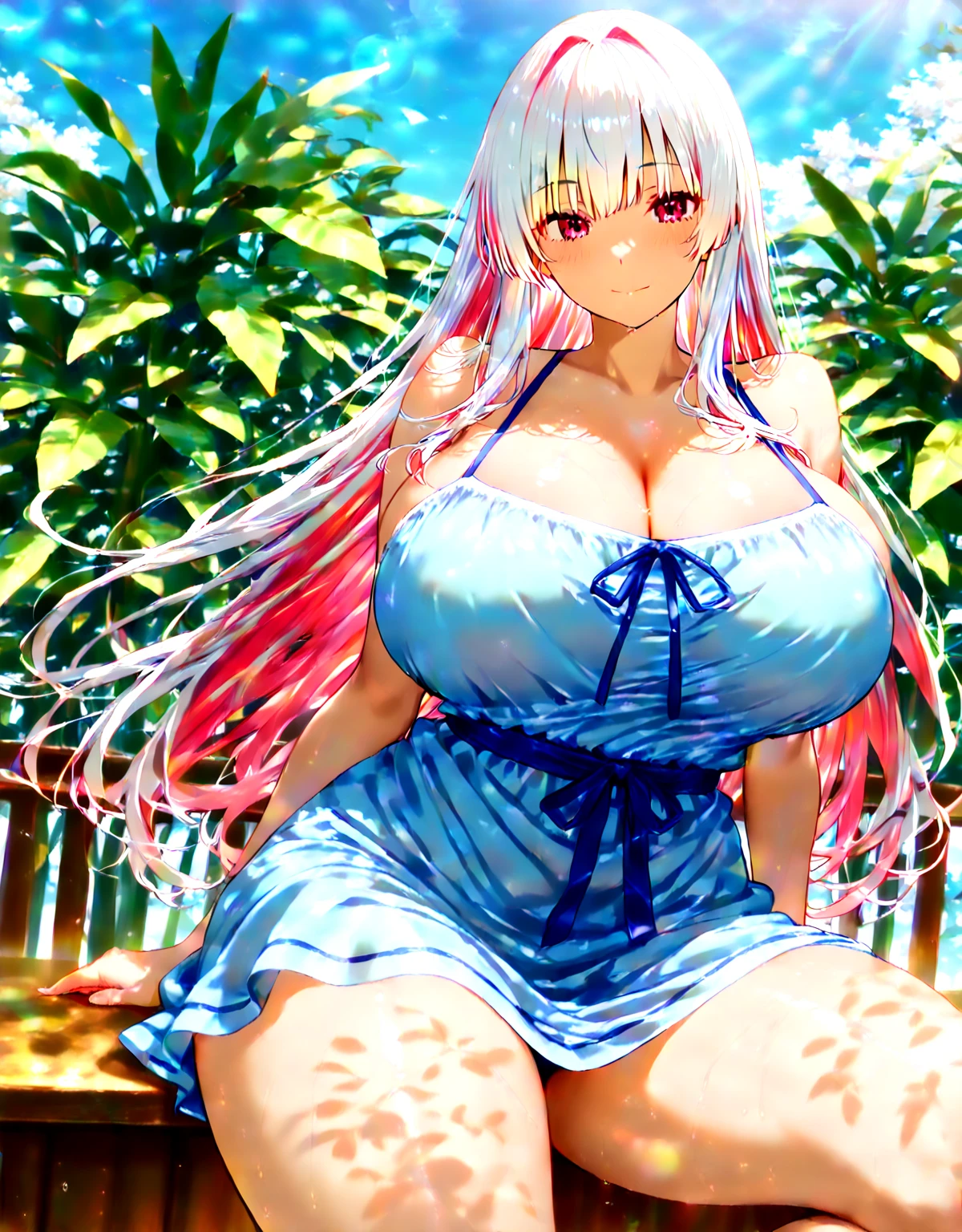 1 girl, 1, Long pink hair, green eyes , master-piece, best quality, (standing up), (short dress), (floral, long sleeve, short white summer light pink dress), (Big , ultra gigantic , Super super big, Glamorous body), Make eye contact with the camera, front figure, looking forward, (light_Smile:1.5), (Detailed hands and fingers:1.2) (In the sunny park), (FULL BODYSHOT), thighs thighs thighs thighs、beauty legs、Bare legs