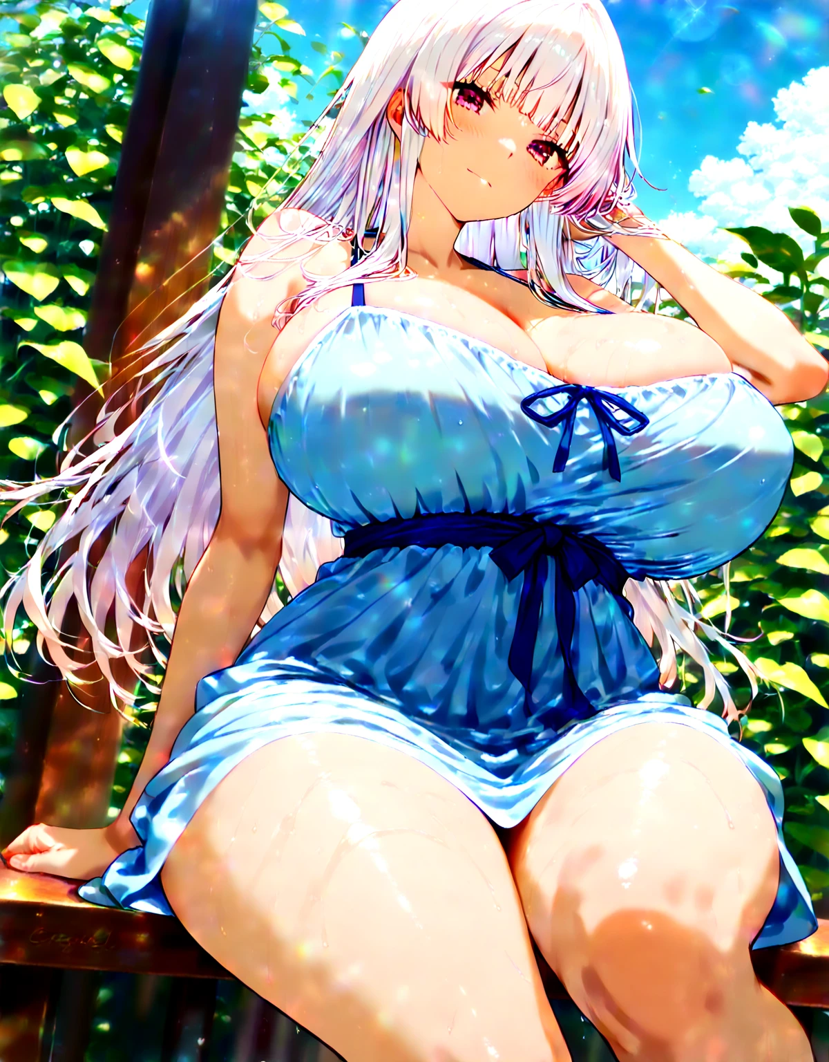 beautiful woman，folk girl，long, White hair and blue eyes,ฉันมีเปียlongทางด้านขวา.，She wears a blue Thai dress.,กระโปรงไทยโบราณlong，holding a jasmine garland,countryside，countryside，beautiful scenery，European Middle Ages，smile with teeth，forehead，forehead exposed，big ，rift, ,(2 young women ,beautiful woman),หน้าอกbig,Show your breasts,The cracks are clear....,((หัวนมbig))，(pubic bone), rift, visible chest,seductive pose,I see bulging nipples.,(((areolae ขนาดbig:1.4,pink,The nipples are clearly visible.......))),(Separate outfit showing nipples:1.4), (semi-naked:1.8)