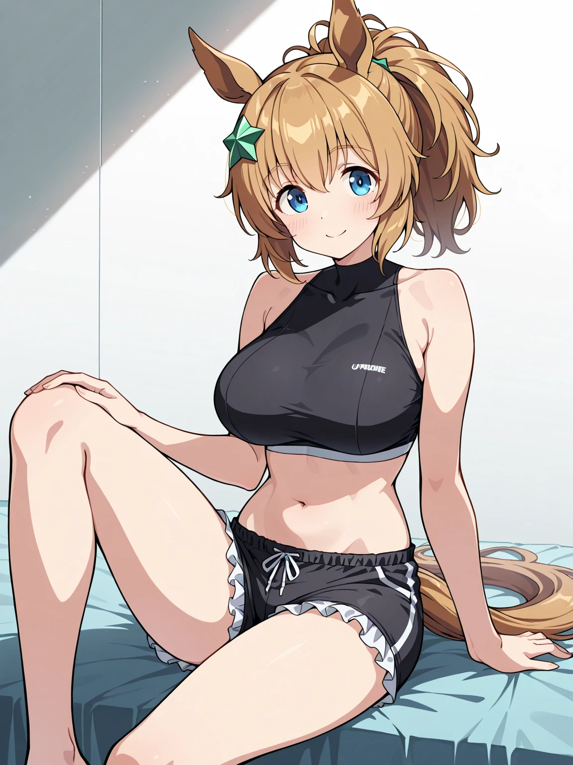 akatsuki kirika, 1girl, solo, breasts, looking at viewer, blush, smile, short hair, blonde hair, hair ornament, animal ears, cleavage, medium breasts, closed mouth, green eyes, tail, swimsuit, lying, shiny, indoors, shiny hair, one-piece swimsuit, fox ears, window, covered navel, on side, x hair ornament, couch, competition swimsuit, black one-piece swimsuit
