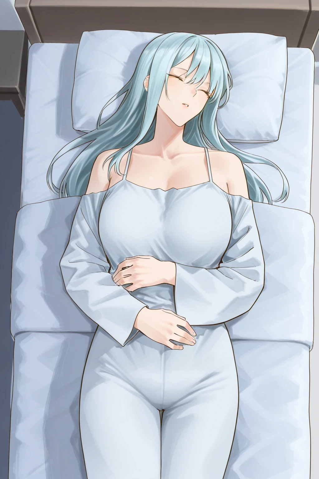 ((Highest quality)), ((masterpiece)), (detailed), futon、morning、Waking up、On the bed、camisole、Embarrassed face、naked、