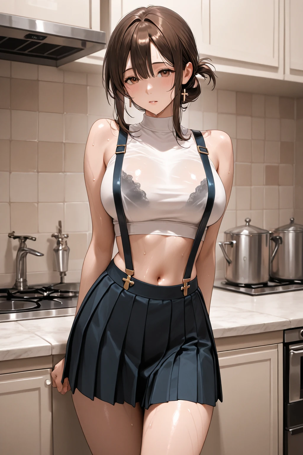 (masterpiece, best quality, absurdres), 1girl, brown hair, long hair, small breasts, flat chested, royal maid, twin tails, midriff, abs, slim, skinny, toned, short, maid, arms behind back, Skirt,