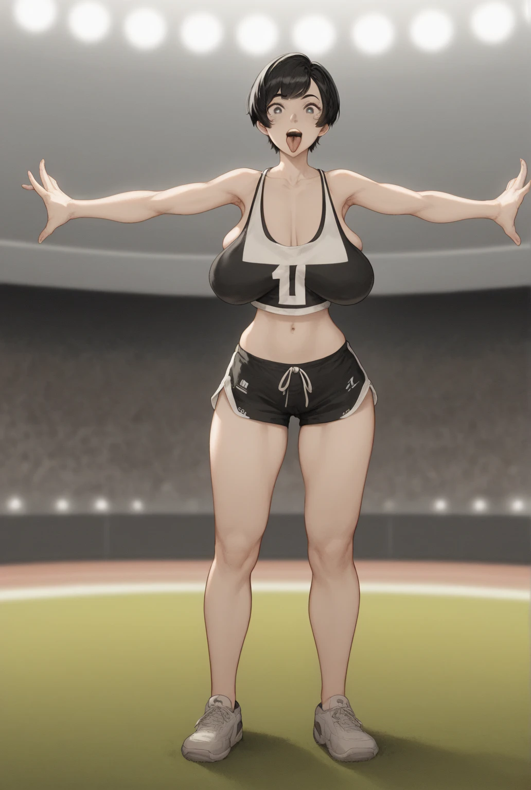 Closeup of a woman in a sport outfit, sport bra, shorts, sweaty clothes, sweaty, curvy, busty, smirk, evil, thick thighs, view from below, towering, looking at viewer