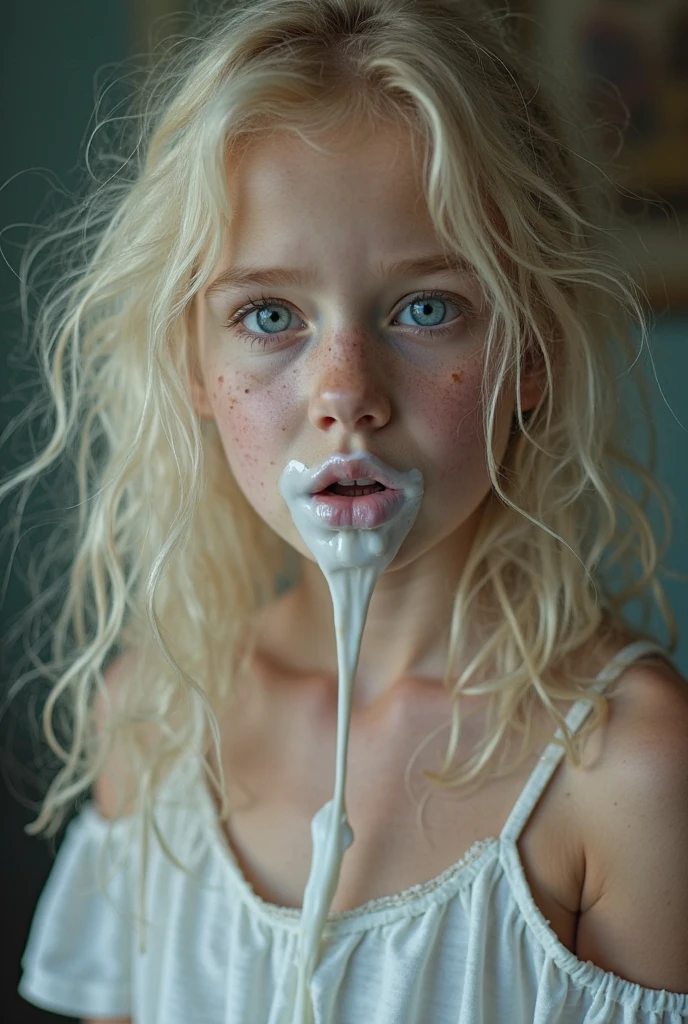 RAW photo of a beautiful blonde preteen girl with lots of milk blobs all over her face, a lot of long drips of white milk dripping on her skin, mouth overflowing with milk, lines of dripping white milk rolling down her cheeks, crying white milk, closeup portrait photo, close up cute tween girl, eyes closed, view from above, POV