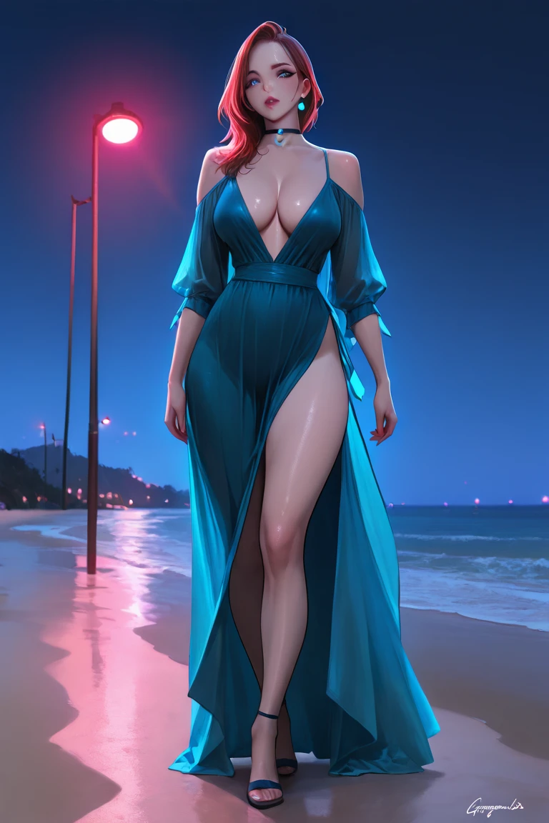 Ginger haired, blue eyes ,big breast , revealing purple dress.