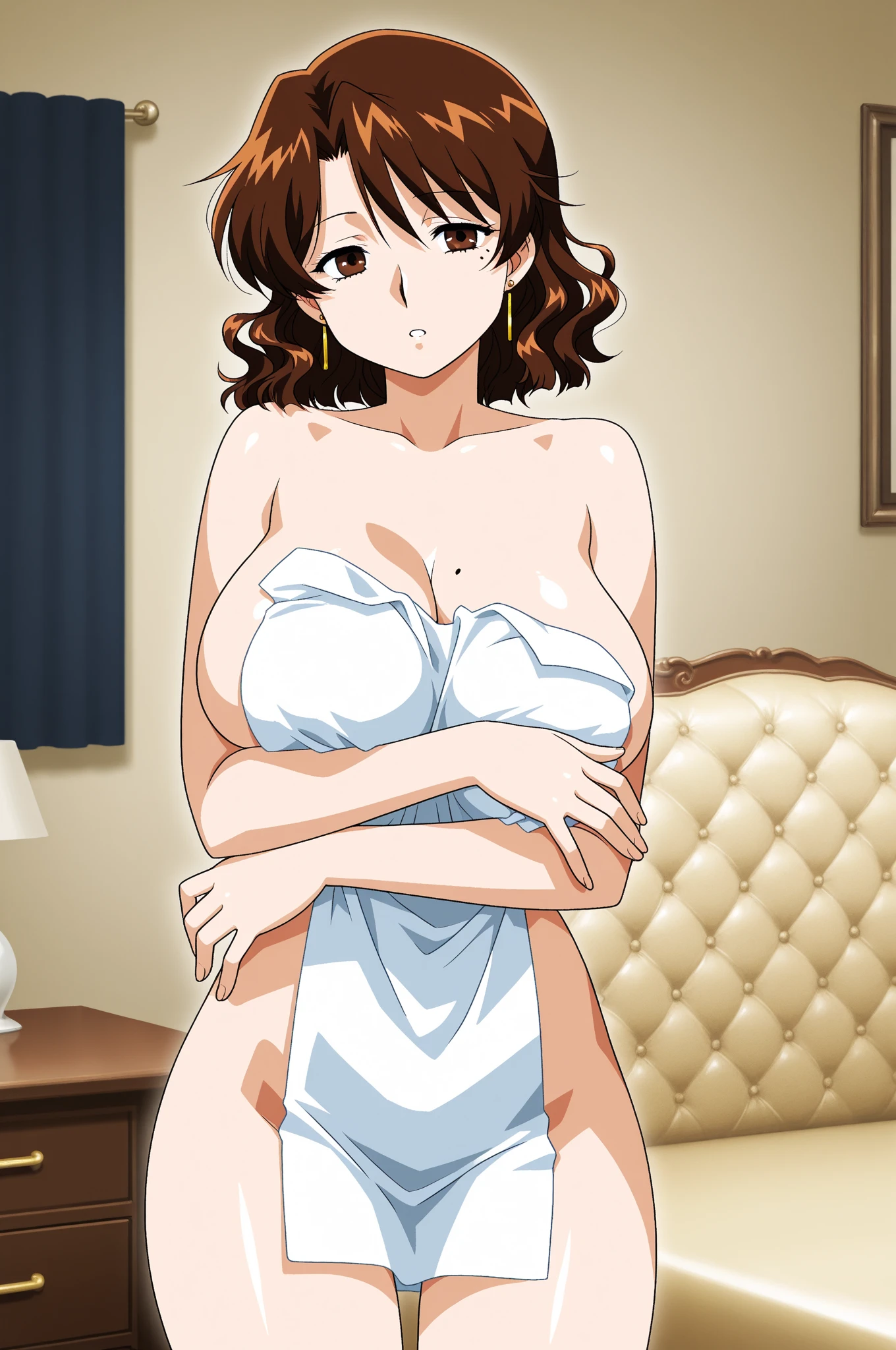 sitting, on bed, (pink mikro bikini), (topless bikini), ( teenageer bedroom background), Kamiki Mirai, mature woman, anime cels style, best quality, high resolution, 1girl, (huge breasts:1.2), beautiful face, Beautiful Finger, Beautiful long legs, Beautiful body, Beautiful Nose, Beautiful character design, brown hair, Long hair, bangs, blue eyes, looking at viewer, cowboy shot, smiling, blushing