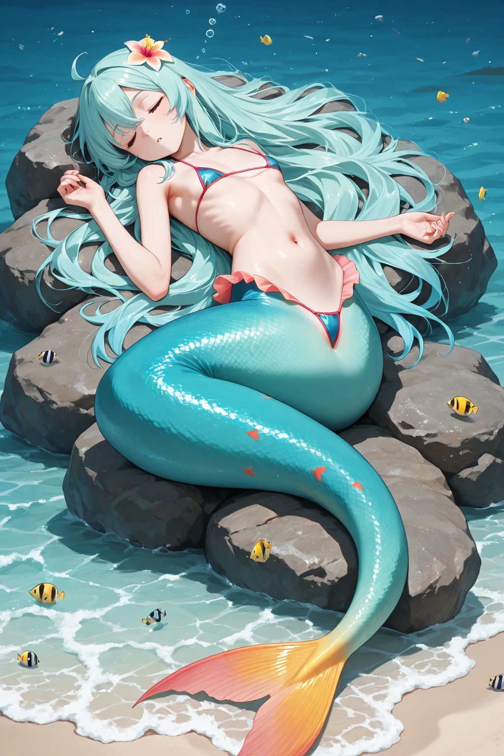 Calypso, a giant 65 meter mermaid, emerges from the waves under the silver light of the moon, Her iridescent skin shining like wet pearls. Her long turquoise hair falls in cascades over her shoulders.. Naked and resplendent, standing on a deserted beach, her posture is seductive, with one leg resting on a rock and one hand caressing his thigh. His eyes, full of lust, They look at the tiny humans at their feet, mesmerized by its aquatic beauty. Her full lips curve into a tempting smile and her curvaceous body exudes an aura of oceanic eroticism., enveloping everyone in a spell of desire and adoration.

