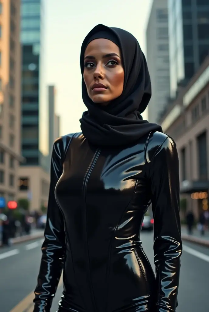 A teen girl malay wearing hijab . Innocent face. Long leg. Wearing full body black latex suit. High quality. High resolution
