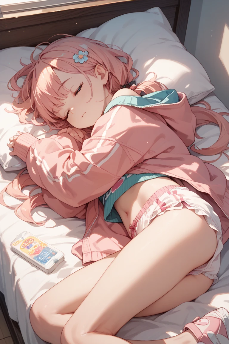 long pink shirt with a kitten drawn on it, no pants with panties showing, long pink hair,short girl, little tits, lying on a sofa, holding the cell phone