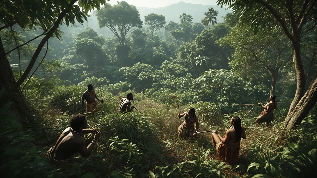 Primitive men in the jungle surviving 

