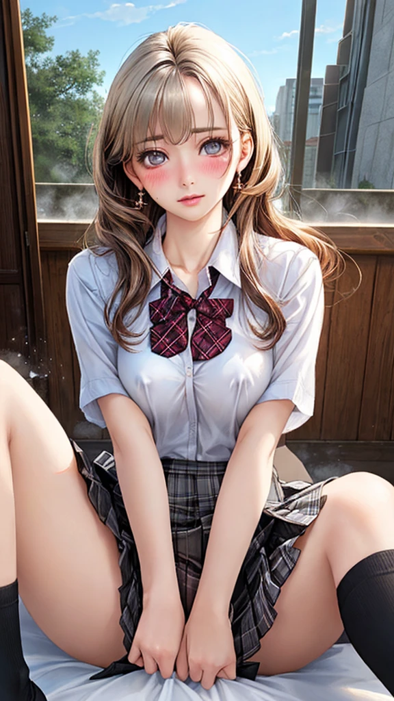 ((medium_breast:1.5, solo girl, small head)), daylight, sunlight, (perfect body : 1.1), (young) (teen), (short wavy hair:1.2), full body shot, (girl wearing school uniform:1.4, pleated skirt, button up shirt), ((school uniform)), (extremely detailed CG 8k wallpaper), (an extremely delicate and beautiful), (masterpiece), (best quality:1.0), (ultra highres:1.0), beautiful lighting ,perfect lightning, realistic shadows, [highres], detailed skin, ultra-detailed, ((spread legs)), (legs up), slim body) bent over, large earring, thighs, (beautiful long hair),, fine collarbone, soft navel, soft midriff, soft back, angle from above, sweaty, beautiful breasts, blush, photorealistic, realistic face, realistic eyes, small eyes, smirk (((colorful))) (((cleavage))), (freckles), (eye liner), (mascara), ((very sweaty)), ((((high detailed skin)))), ((wet thighs)), ((spreading thighs)), ((hands on thighs))