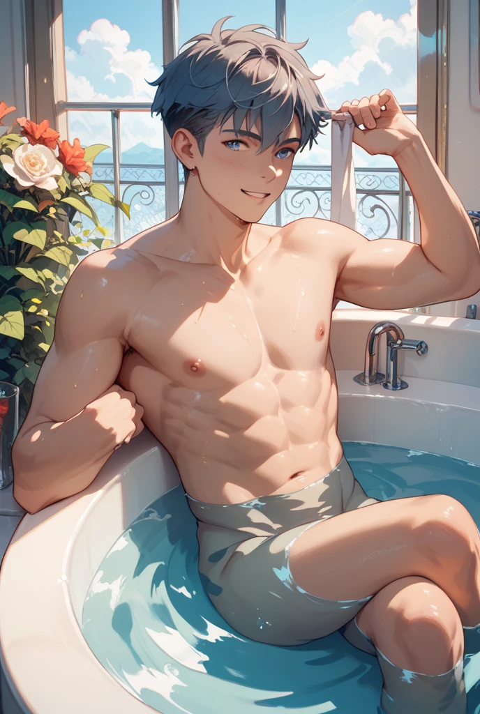 anime boy taking a bath in a bathtub with rose petals, wet body, bathtub, bubble bath, high quality fanart, bath, Beast, at pixiv, official fanart, pixiv, detailed fanart, relaxing, levi ackerman, in bathroom, relaxing environment, relaxing mood, by Shingei, anime asthetic, relaxing concept art, wet anime boy, with rose petals in the bathtub, beautiful atmosphere, hot anime boy, cute 