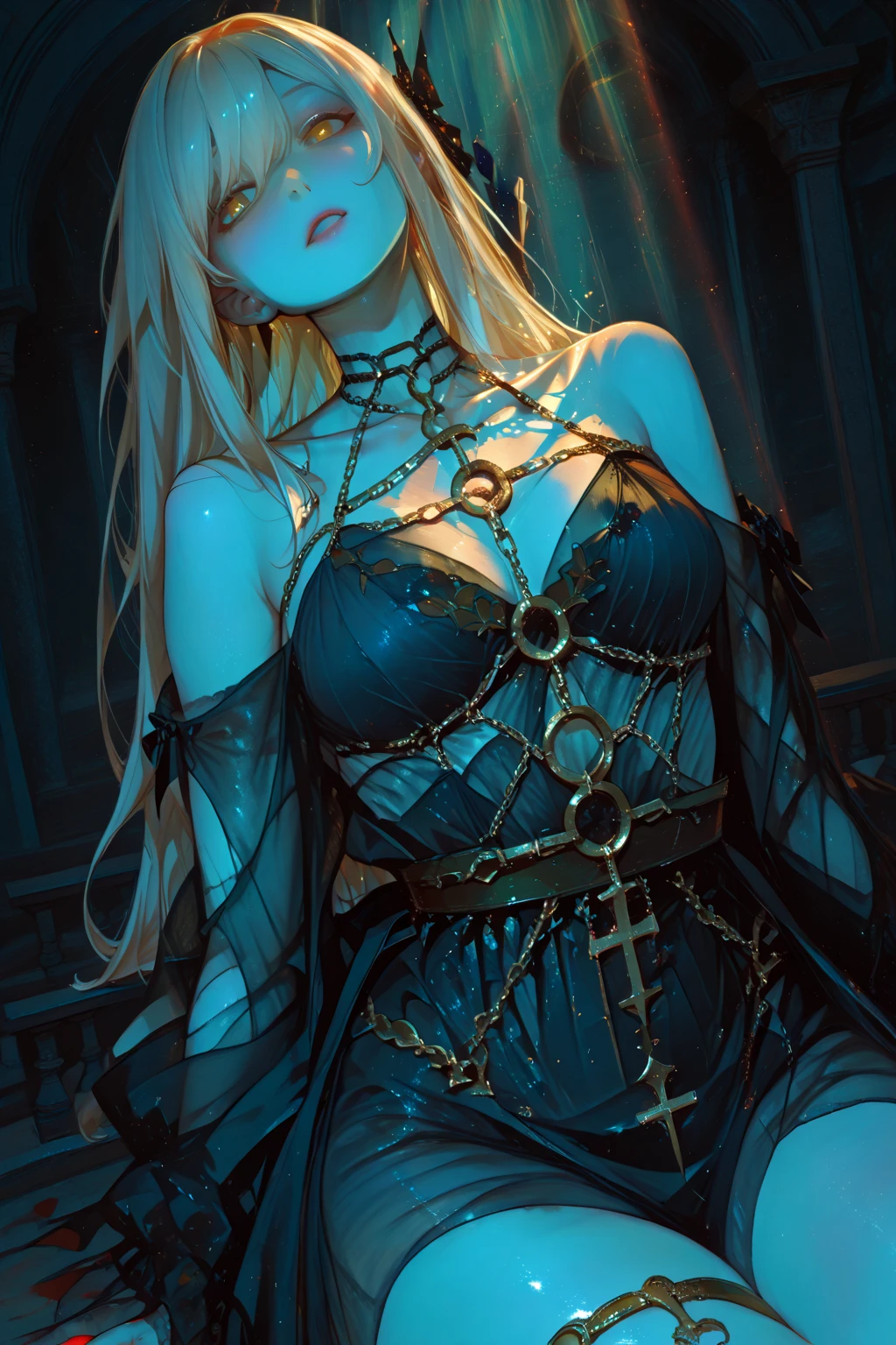 <lora:Chao3:1>, a goth female, [immaculate|intricate|immense] clothe details, detail [background|landscape|field|sun|floral|plants], [large breasts|medium breasts] and sagging breasts, [deep eye|beautiful eye|dream iris|star iris|semi-photorealistic iris],  [vibrant colors|limited colors| abstract colors| hard shadow], [high contrast|conflicting \(light\) values| \(very strong\) rim lighting],