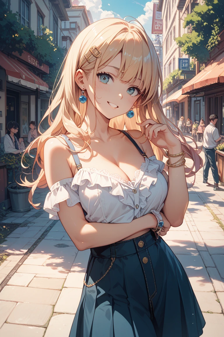 side angle, (looking away:1.5), Cleavage、Upper Body, Realistic, real person, (pale skin: 1.2), RAW photo, photorealistic, shiny skin, shiny hair、(A 25-year-old woman with medium-length hair and bangs) and (wavy hair) and (Blonde Hair) and (green eyes) , BREAK (white) and (off shoulder blouse) BREAK 、(smile:1.2), open mouth, The background is a shopping street at night、Alone、Are standing