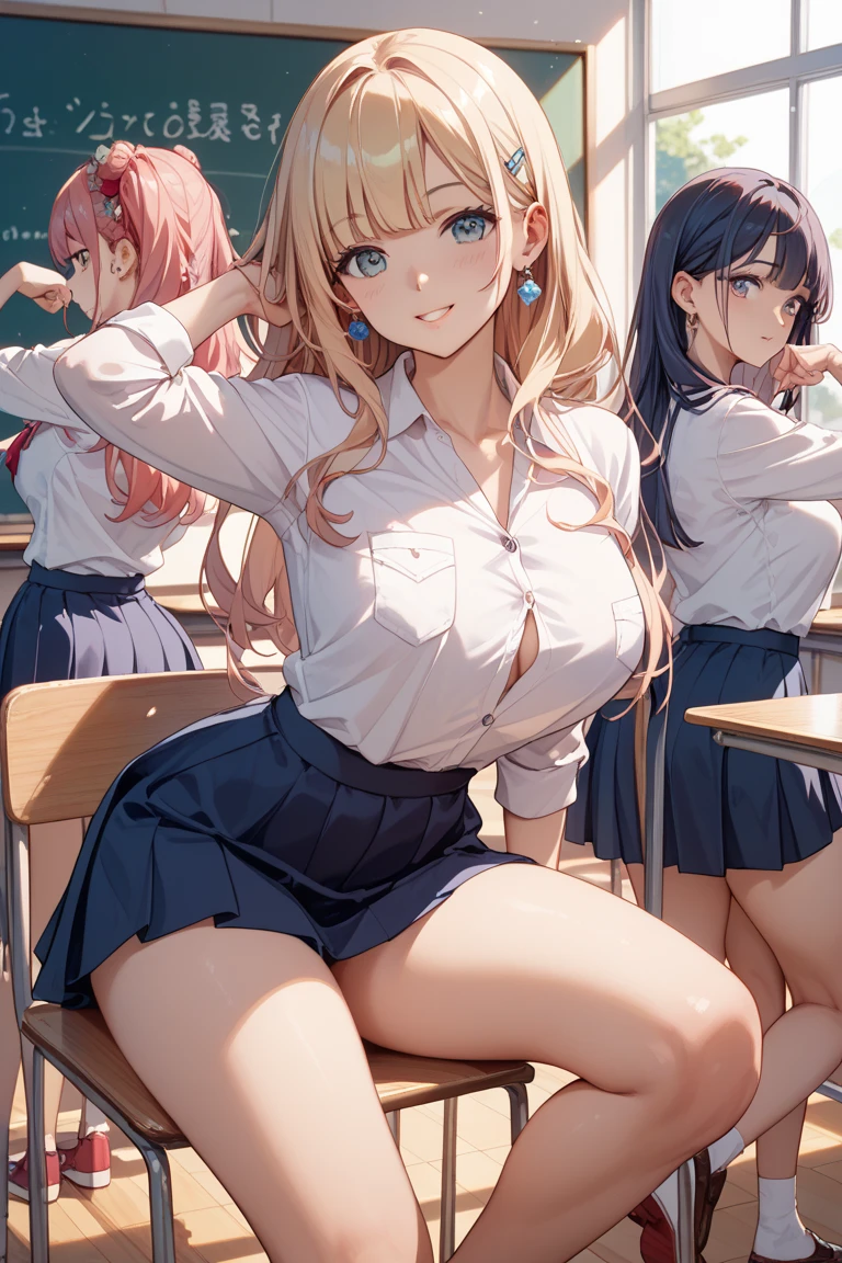 (masterpiece), maximum quality,
(4girls, gyaru fashion:1.4), group shot,
(slim body:1.1), (huge breasts, cleavage:1.4), (dark skin:1.1),
blonde hair, silver hair, pink hair,
twin tails, braid, forehead,
(open mouth, happy smile:1.1), (wink:1.2), peace sign,
school uniform, skirt, midriff peek, (accessories, earrings, streaked hair:1.2),
wide shot, sitting, looking back, (panty shot:1.4), (back view, back focus:1.1), Classroom