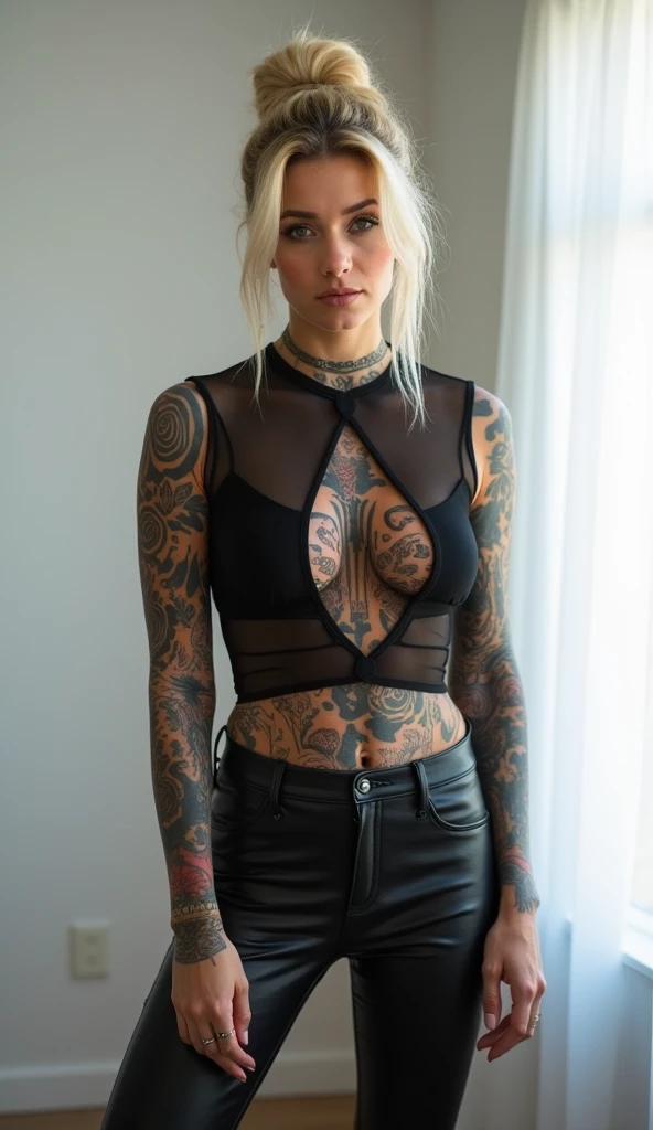 a thin blonde girl, arm tattoo, chest tattoo, rib tattoo