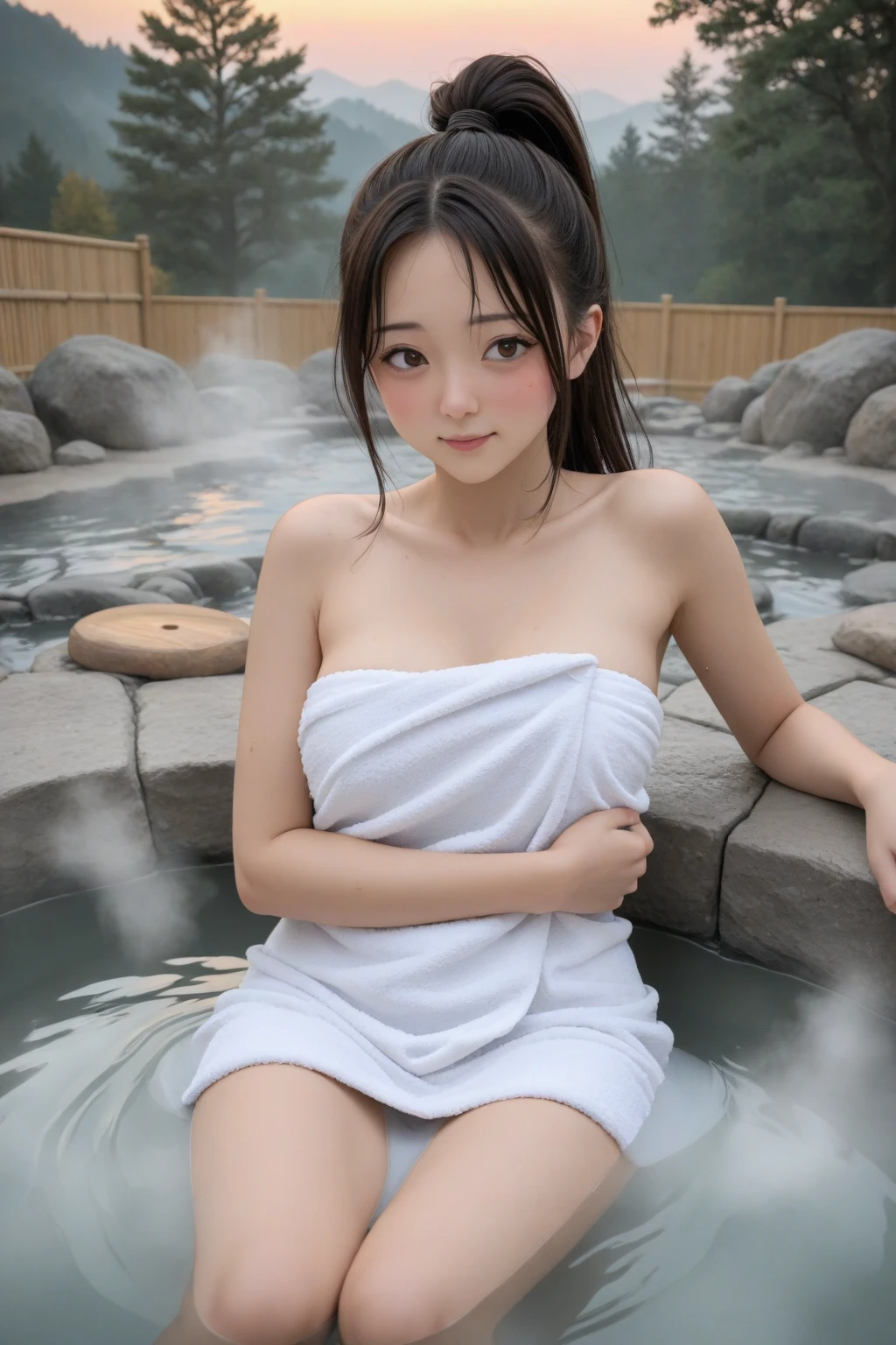 Korean cute girl 18 yeas old is sitting with legs open at onsen, laughing . Small breast , ????? nipples, pink mouth, face make up, laughing , tall and slim body, ???, long hair braid , white skin , pink tits , small legs