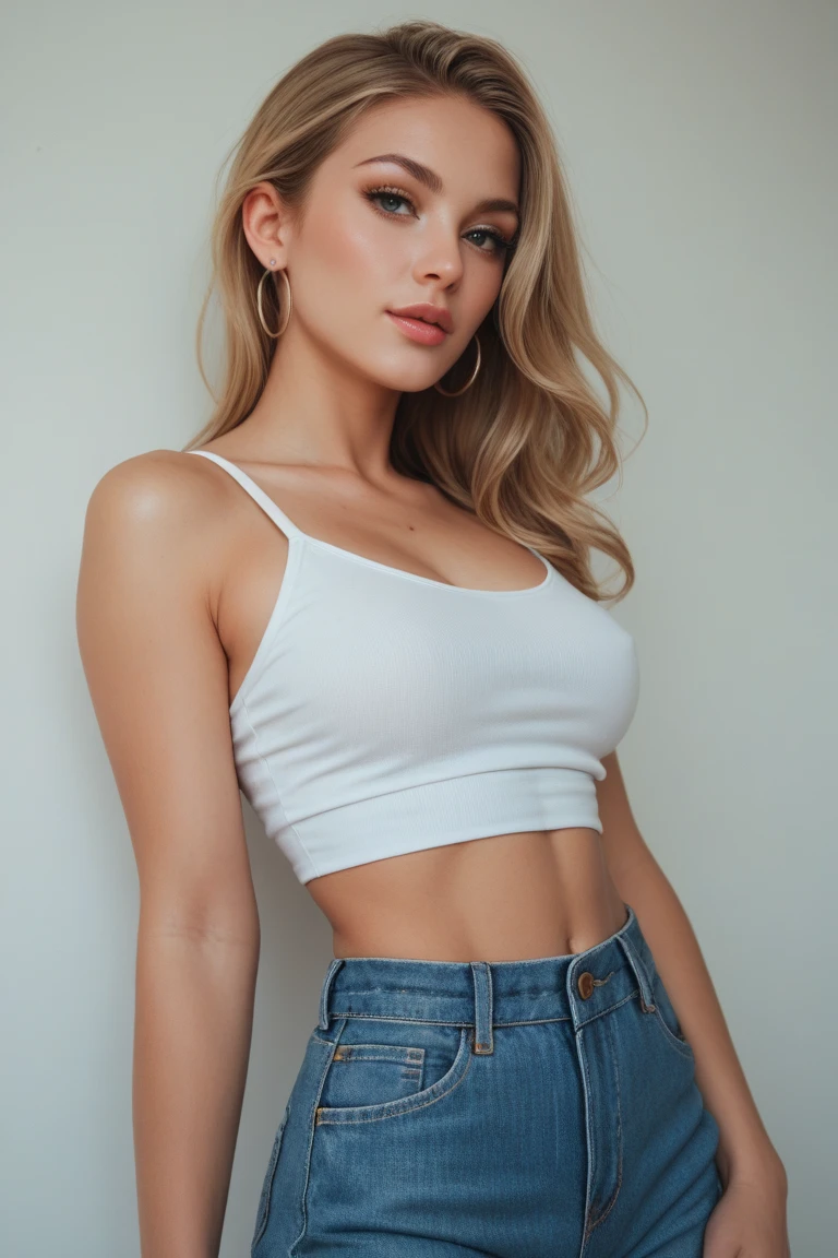 A 20-year-old white woman with unparalleled beauty.、blue eyess、dark blonde、hair is wavy、hair is loosely braided、Semi-long、A smiling face leaning against a pale green wall、View from the front、Wearing a high neck sleeveless shirt、I'm wearing made of jeans fabric with tight distressing.、You have one hand in your pocket、The navel is out、My abs are cracked、Slender yet well-proportioned body、sunlight is shining from above、Photorealistic images、8K picture quality、I'm punching my