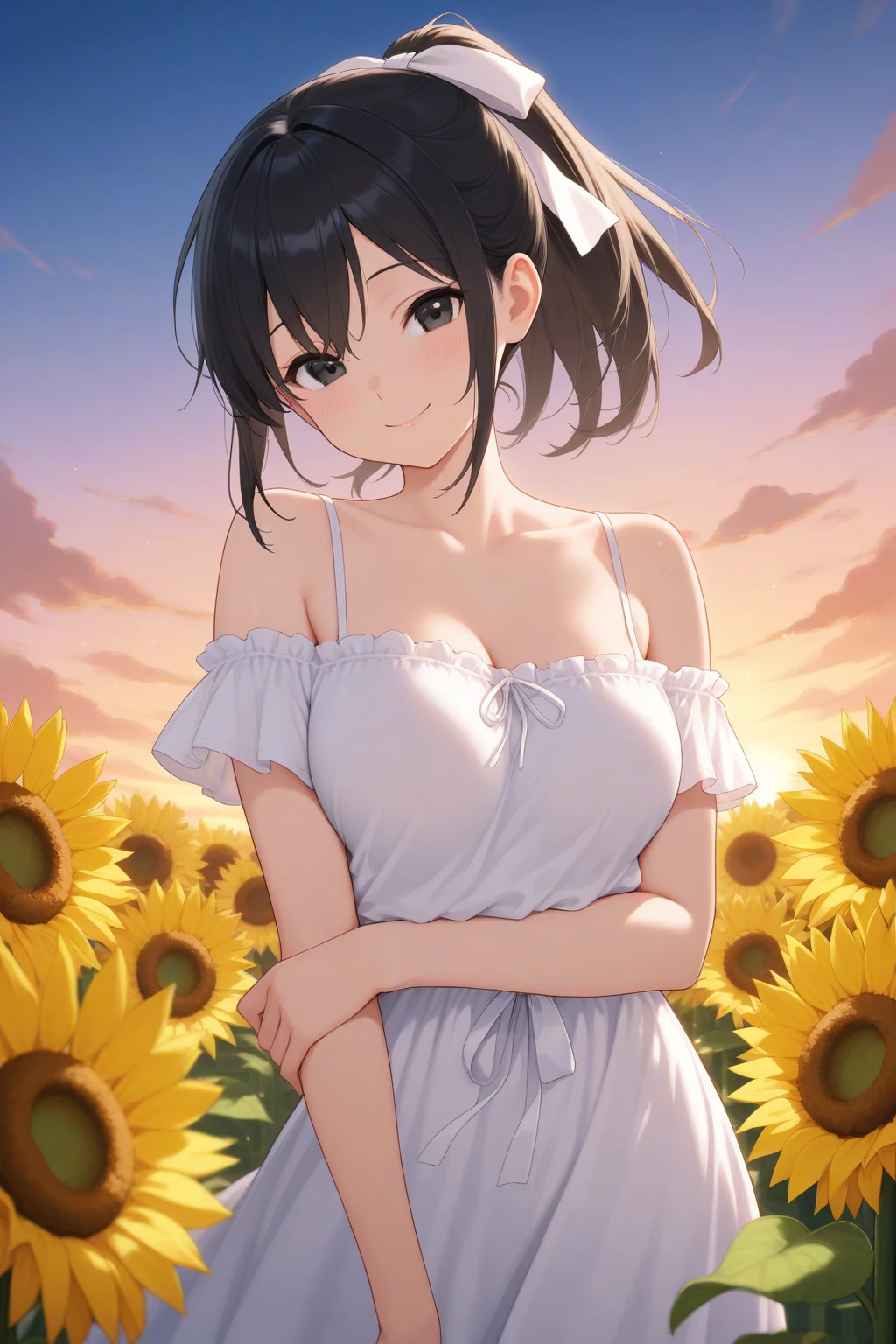 Front facing, facing this way、A more beautiful smile、More beautiful and more see-through summer clothes、More beautiful see-through 、More beautiful thighore beautiful pantyhose、もっとBeautiful sunflower fieldを歩く姿, Beautiful sunflower field、Beautiful dark clouds, (Cowboy Shot:1.4), Beautiful and realistic, Beautiful masterpiece, Beautiful and top quality, Beautiful backlight, (Lens flare:1.1), (bloom:1.1), (chromatic aberration:1.1)