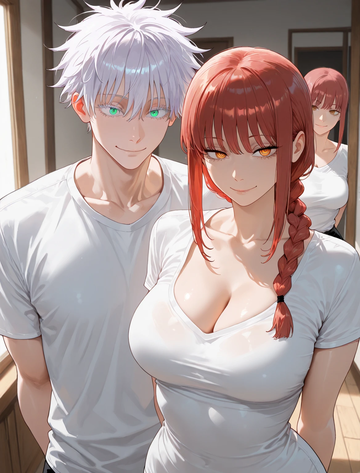 A beautiful girl and a handsome boy(their a couple),the girl has: short white hair,pointy elf ears,and violet eyes,the boy has messy Orange hair,and ash brown eyes (the boy is hugging the girl on his lap)