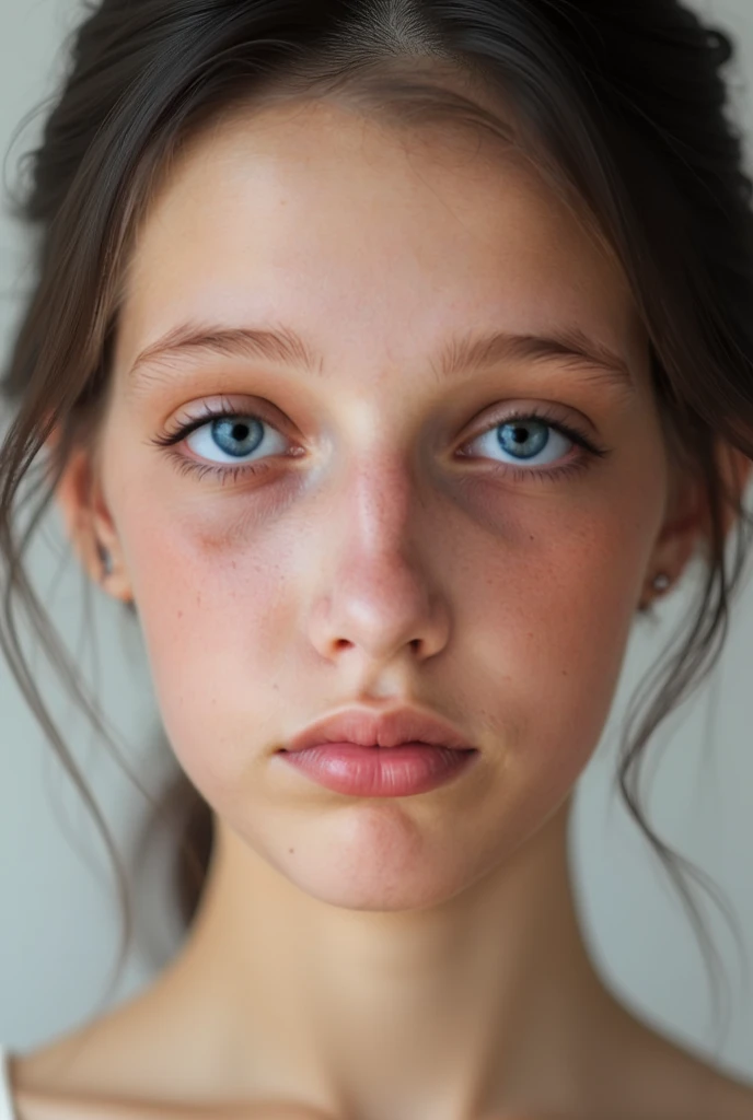 Portrait of an shocked Russian teen, 18 years old, cute face, Slim, nude,, Bokeh background, Simple background, (highly refined skin:1.0), (masterpiece:1.2) (lifelike:1.2) (Bokeh) (best quality) (intricate details) (8K) (high dynamic range) (analog film) (canon d5) (movie lighting) (sharp focus),tie a ponytail,cleavage, Lying in bed, looking at viewer, topless, big tits