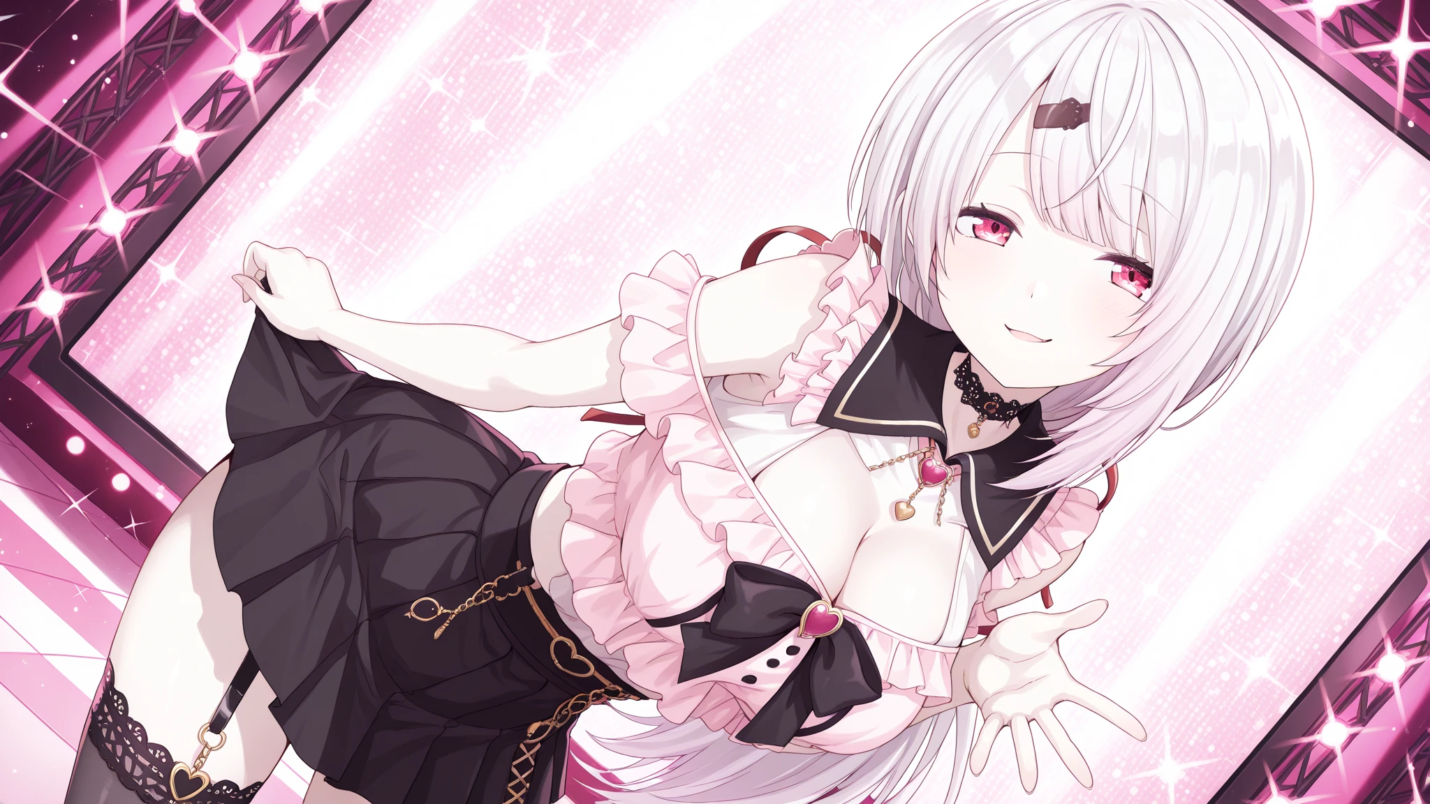 NSFW,small breasts,silver hair,hair above one eye,pink eye magical girl costume,removed sleeve,Corruption,beret,ribbon,Heart Pendant,earring star piece,best image quality,highest quality