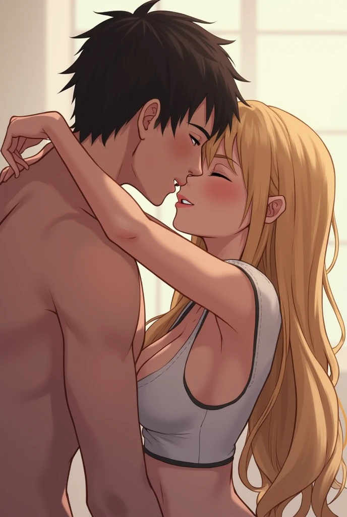1boy, 1girl, abs, (ass grab), ((lace bra)), blush, breasts, doggystyle, hetero,table, sex, indoors, lens flare, windows, smile, hanging motion lines, curvy, nude, hanging breasts, kitagawa marin, 1girl, blonde hair, long hair, multicolored hair, red eyes, jewelry, earrings, piercing, ahegao, naughty face,