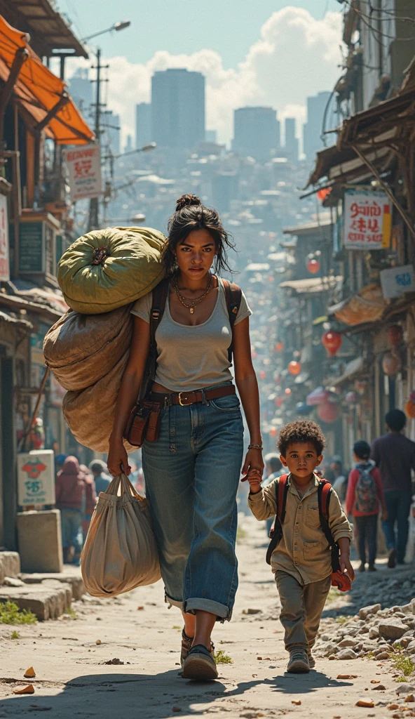 Image of a mother working on the street, with his two children, Carrying his son on his back and the other son holding his hand.