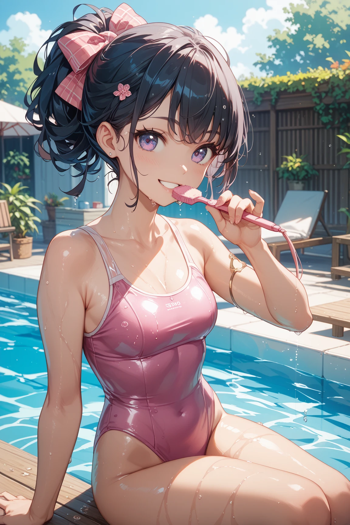 Tazune rirei, nsfw, 8k, ultra-detailed, Masterpiece, best quality, perfect lighting, aqua eyes, one eye closed, black hair, braid hair, (loli:1.5), (bukkake:1.5), (cum on face:1.5), (cum on hair:1.5), (cum in mouth:1.5), (cum on body:1.5), (flat chest:1.3), nipple peek, pink areola, 1girl, solo, sunny summer day, simple square pool, sitting on the poolside, looking at viewer, spoken heart, ((school swimsuit)), barefoot, portrait, bokeh, blush, embarrassed, open mouth, tongue out