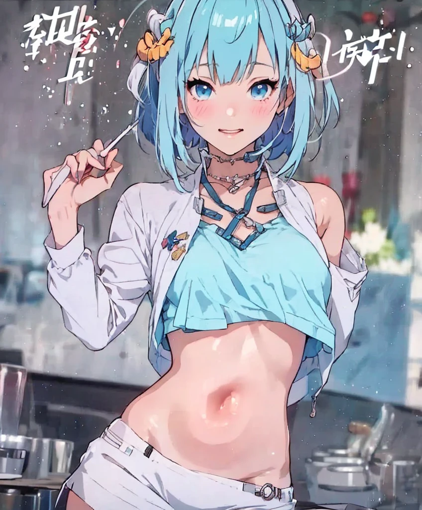 Ultra-high definition 2D art, close-up (1 woman), light blue hair, 2D animation style, soft and delicate depiction, attention also on her full-body tattoos (full-body art), landscape mode, masterpieces by Guweiz and James Jean, tattoo expert designs by CGSCOSITY, etc. A beautiful blue-haired girl who became a hot topic at the trend art station of Japan.