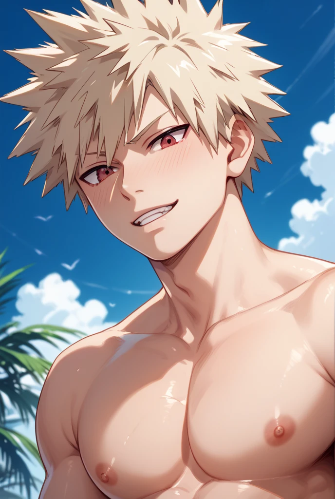 rensuke kunigami, short hair, 1boy, male focus, looking at viewer, collarbone, solo, orange eyes, spiked hair,,Shirtless, at the beach, smiling at viewer. <lora:rensuke-09:0.7>,