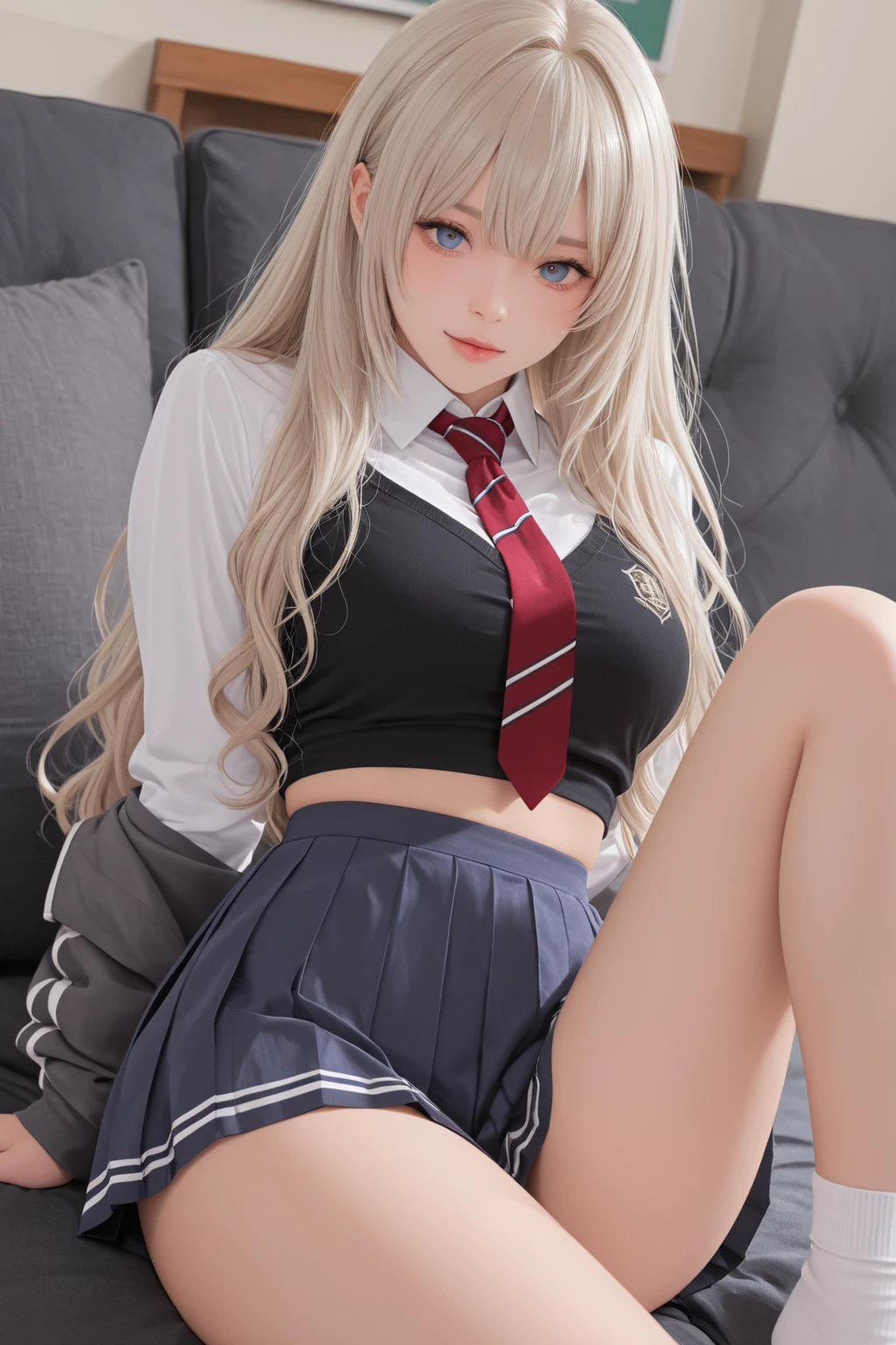 (best quality, 8k, highres, photorealistic:2.0), (solo, one girl:2.0),(lighting: strong),(lighting: front),(very muscular girl:2.0),(bodybuilder girl:1.5),(shiny skin:1.5),(short hair:1.5),(silver ash hair color:1.5),(Open your bent legs to the limit:1.5),(raise both arms behind your head:1.5),(black loafers:1.5),(white collar shirt),(long sleeve shirt:1.1),(tight shirt:1.1),((ribbon bow tie:1.1)),(short white socks),((blue pleated skirt)),((blue skirt)),((Wearing cute white panties)),(orgasm:1.2),((Girl leaning on an old leather sofa)), very beautiful girl, Blush brown makeup , dark eye makeup