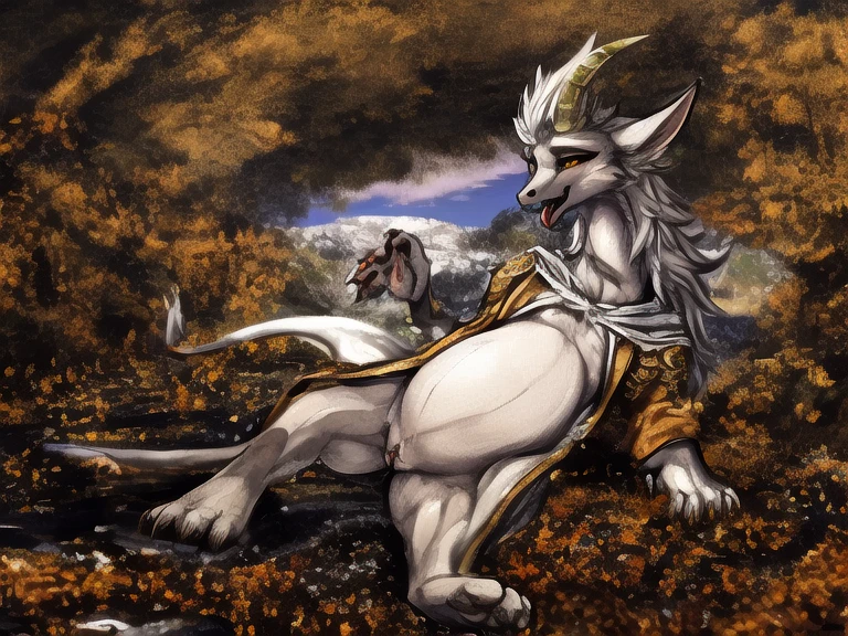ultra-detailed, masterpiece, masterwork, high quality, best quality, hdr, posted on e621, (by hioshiru), (nature), nsfw, male, solo, (white little body dminotaur), hairy dragon, (long silver hair, yellow eyes, detailed eyes, white chubby body), (nude, smallpenis, foreskin, balls), sitting, front view, dynamic angle