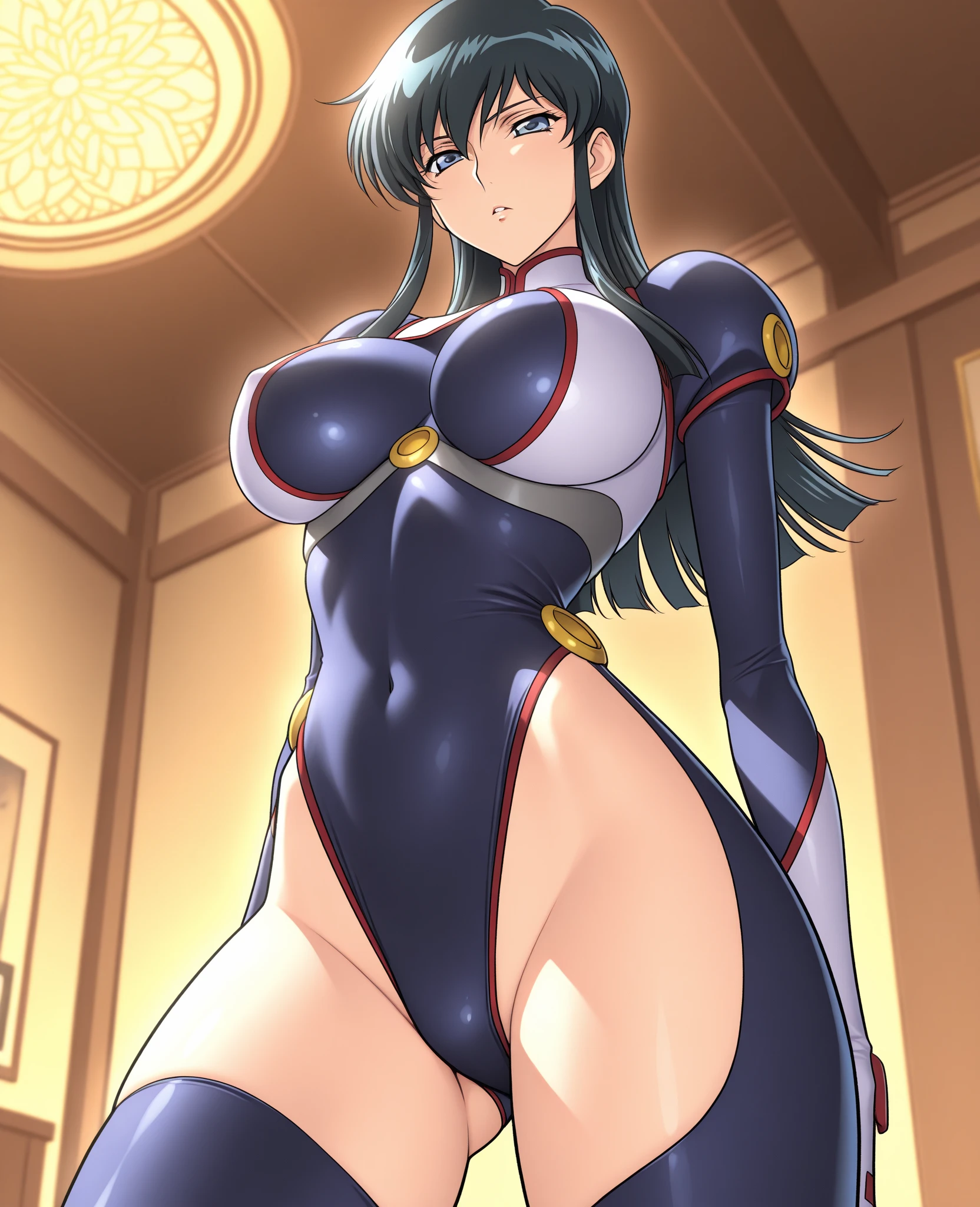 ultra-detailed, Explicit, Beautiful body, Beautiful Nose, Beautiful character design, perfect eyes, perfect face, ultra highres, 4K, beautiful legs, perfect legs, Nice hands, Perfect hand, Masterpiece, Best Quality, Highly detailed, illustration, absurdres, perfect anatomy, street fighter, doll suit, shadaloo doll, dollsuit, expressionless, blank eyes, looking at viewer, red gloves, emotionless, black latex, corruption, mind control, female combatant, full body, hypnotized, unhappy trance, full body suit, ribbed bodysuit, both arms at side, obey, perfect female body, extremely glossy latex, hypnosis, hypnoLora, empty eyes, Mind control device, poses, submissive_pose, Slave, standing straight, standing, standing at attention, hat, necktie, belt, latex, ribbed bodysuit, thigh Highs, garter belt, Fighting Stance, extending the right arm from the shoulder into the air with a straightened hand, military, thigh boots, black pantyhose, (((pixel-perfect, detail-perfect))), solo, 1girl, hair ornaments, HENRIETTA, HENRIETTA, THE FAMILIAR OF ZERO, 17_YEAR_OLD_GIRL, PURPLE_HAIR, BLUE_EYES, LARGE BREASTS, HUGE BREASTS, HENRIETTA_DE_TRISTAIN, CROWN, TIARA