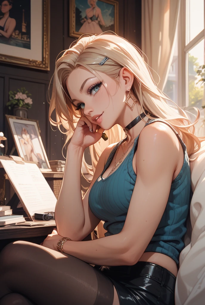Bianca \(dragon quest\), bianca, dragon quest, (masterpiece, best quality, 4k, photorealistic, cinematic, ultra-detailed), wide shot, full body, perfect anatomy, curvaceous body, perfect eyes, perfect hands, large chest, long round legs, 1 girl, blonde hair, sitting in an office chair, ivory silk camisole top, olive green cropped trousers, tan strappy heels, effortless half-up half-down hairstyle, delicate layered necklace