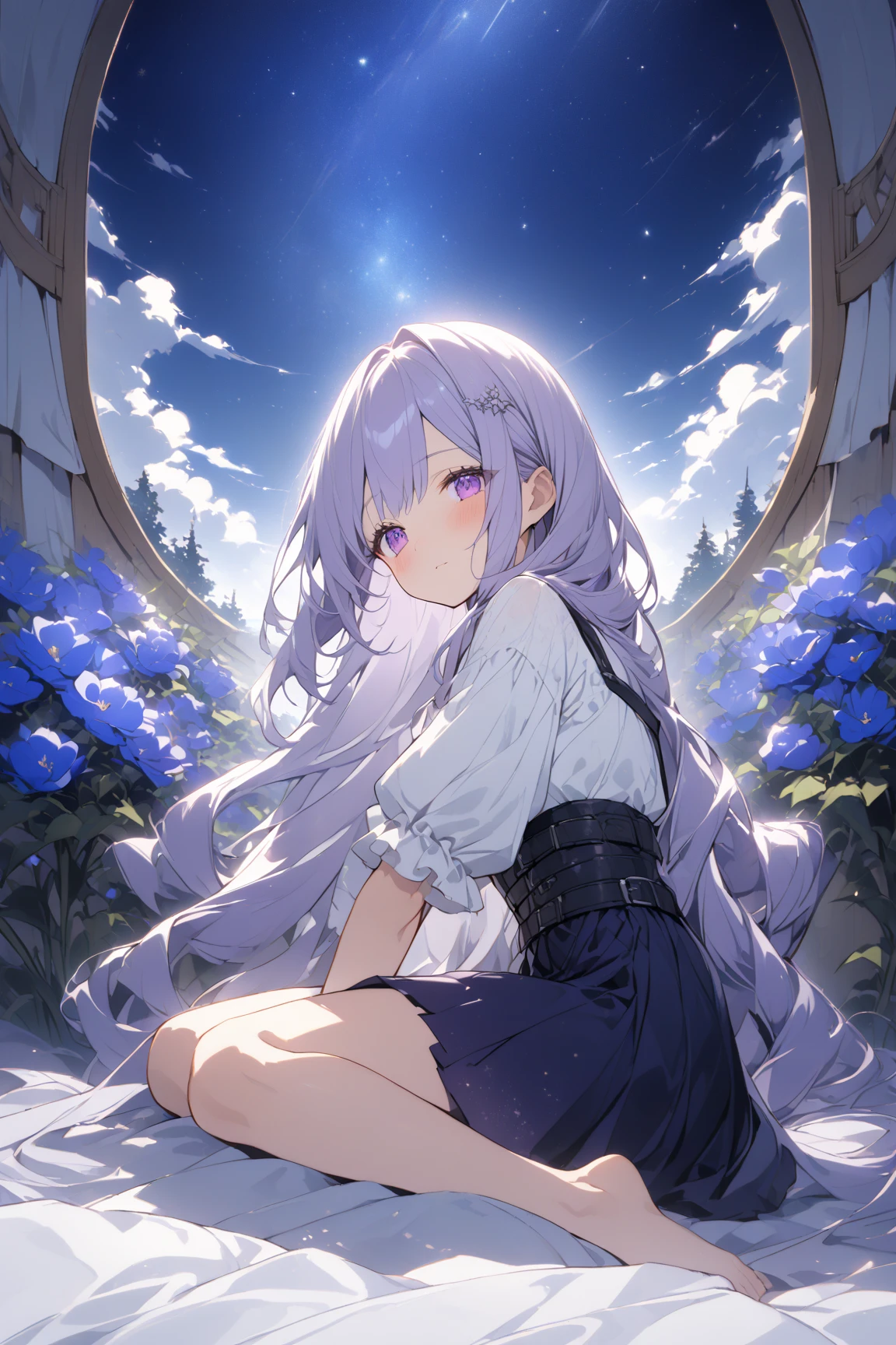 ((Masterpiece)), ((best quality)), (Anime:1.3), (super detail:1.2), (High Definition:1.3), (Professional Photography:1.3), (wide shot), (sharp focus), (perfect light), from side, ((12 years old)), (1girl), put on cat ears, cute teenage girl, blush, smile, (messy long ponytail), pale purple hair, cute eyes, (Healthy slim body), (Off-shoulder white long sleeves), ((white long sleeves)), high res, ((beautiful eyes)), BREAK, ((best quality)), (super detail:1.2), loose sitting, Beautiful ruins covered with lots of vegetation,