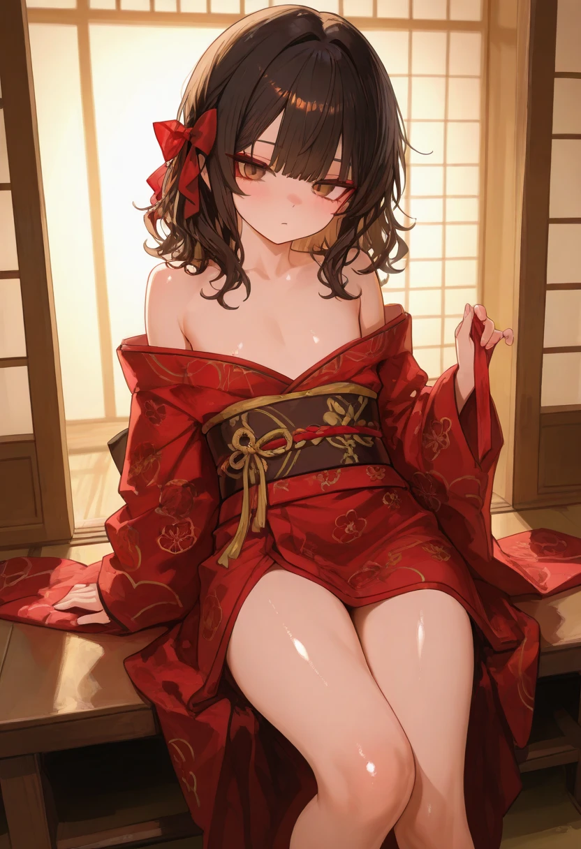 1 Female、Brown hair、Brown Eyes、Best Quality、Super detailed、8 Resolution、Raw photo、Mastepiece、Perfect Body、high resolution、Highest quality、Detailed drawing、Vibrant colors、lure、Long Hair、Black-rimmed glasses、Big Breasts、Captivating breasts、Lie down on the futon、kimono