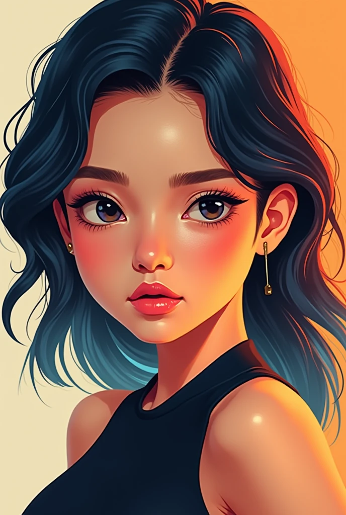 samdoesarts style award winning half body portrait of a beautiful woman in a croptop and cargo pants with ombre navy blue teal hairstyle with head in motion and hair flying, paint splashes, splatter, outrun, vaporware, shaded flat illustration, digital art, trending on artstation, highly detailed, fine detail, intricate